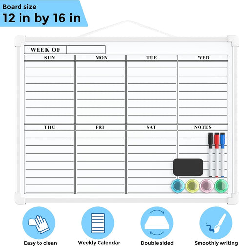 MaxGear Small Weekly Calendar Dry Erase Board, 16"x12" Hanging Double-Sided White Board for Planning, School, Office