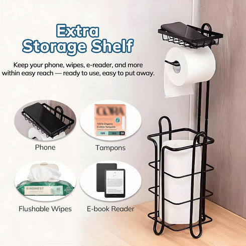 4 Toilet Paper Holder Stand with Storage Shelf, Free Standing Tissue Paper Roll Dispenser Stainless Steel for Bathroom