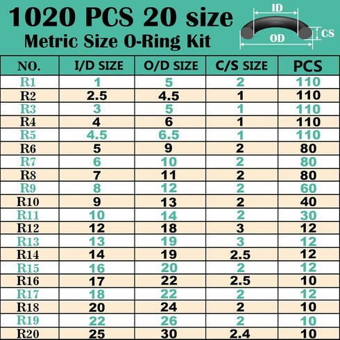 1020 Pcs O Ring Kit 20 Size Nitrile Rubber Oring Assortment Set for Car Auto Vehicle Repair Faucet Plumbing Air or Gas Sealing Connections Resist Oil and Heat