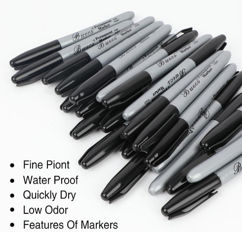 Buecs 200 Count Permanent Markers, Black Permanent Markers, Fine Point, Waterproof & Smear Proof Markers, Quick Drying