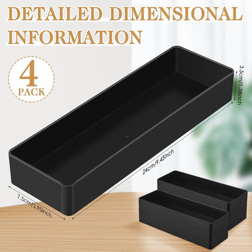 Teling 4 Pcs Large Black Basics Rectangular Plastic Desk Organizer, Half Accessory Tray, Tabletop Bathroom Tray Plastic Organizer Tray for School Office Home Study, 9.45 x 2.95 x 1.38 Inches by Teling