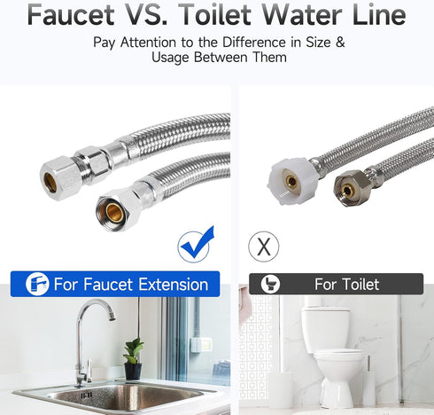 JUWO 16" Faucet Supply Line Extension - 3/8" x 3/8" Comp Stainless Steel Hose Connector for Large Sink