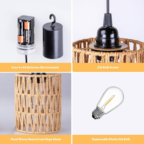 Bulb, 4*AA (2) Battery Operated Chandelier, Battery Hanging Pendant Light, Rattan Lights with Warm White Battery
