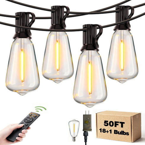Outdoor String Lights Dimmable Waterproof with Remote, 50FT 18+1 Shatterproof ST38 Edison