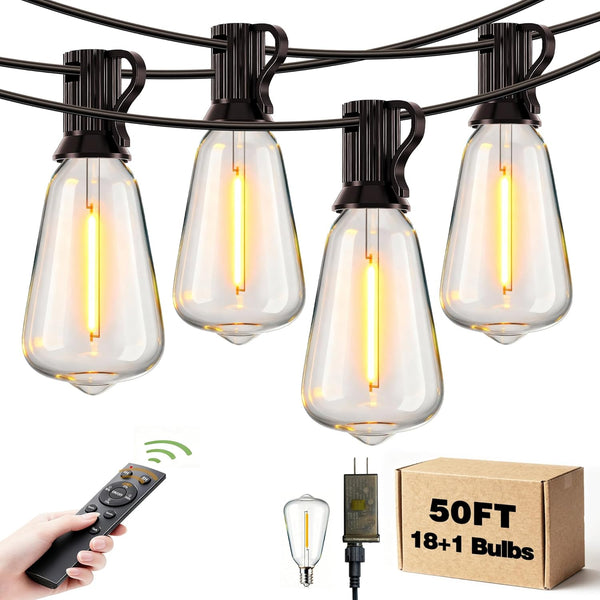Outdoor String Lights Dimmable Waterproof with Remote, 50FT 18+1 Shatterproof ST38 Edison