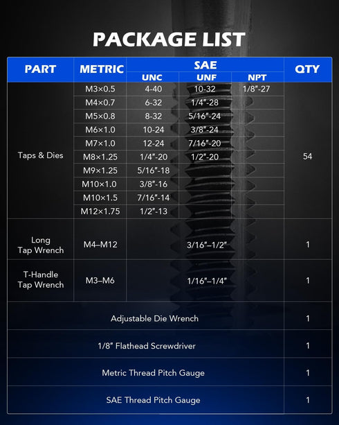 60 Set Orion Motor Tech PCS Tap and Die Metric and Standard Sizes Included Tap Die Kit Metric and SAE for Threading