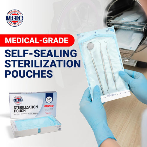7.5" 14" 200 Count Arrigo Self-Sealing Sterilization Pouches x Autoclave Bags with Internal & Dual (Int/Ext) Indicators