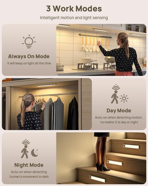 Flysein 12" Closet 3 Dimmable, Counter Under Cabinet Lights Wireless, Motion Sensor Light Indoor with Remote, LED