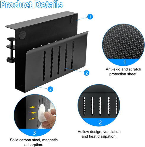 Desk Side Storage, Laptop Metal Organizer, Under Desk Holder with Pen Holder and 2 Hooks, Black