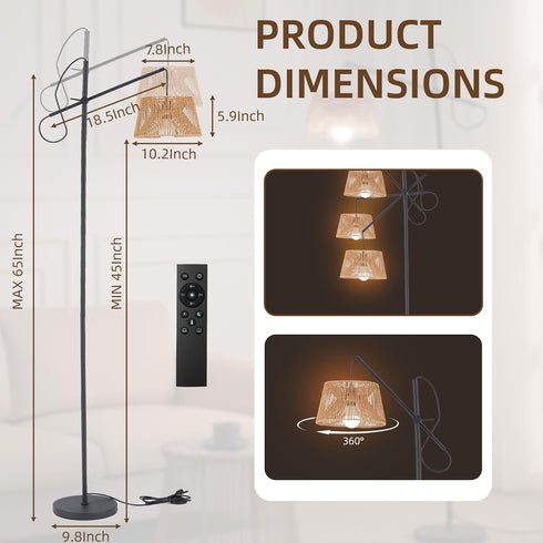 3 2700K-6500K Dimmable Bulb Arc Floor Lamp with Remote, Boho Floor Lamp with Color Temperatures, Rattan Standing Lamp