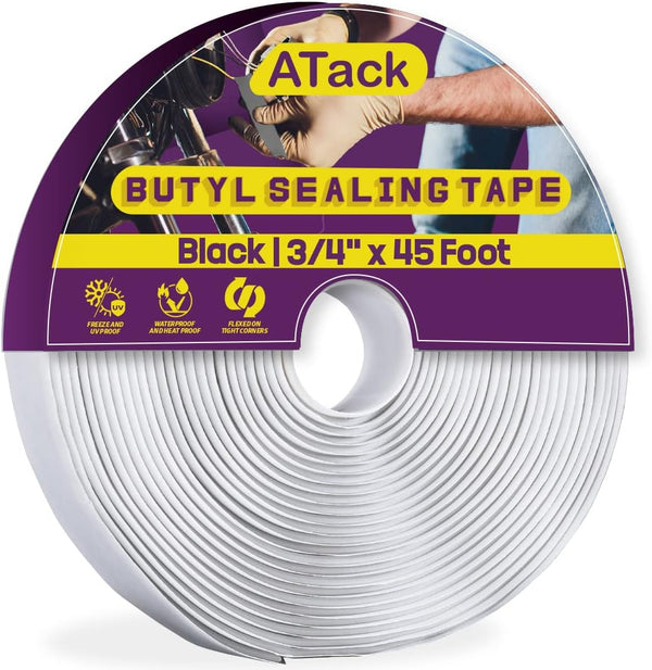 ATack Black Butyl Seal Tape, 1/8-Inch x 3/4-Inch x 45-Foot for RV Repair, Boat Sealing, Windshield
