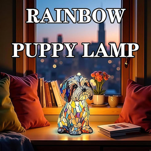 Generic 6.3inch Rainbows Pup Lamp Stained Glass Resin Dog Table Lamp, USB Powered LED Night Light for Bedroom, Desk