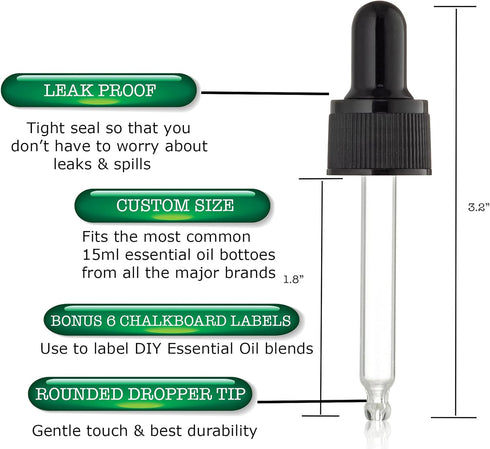 Glass Eye Droppers for Essential Oil, 15ml (1/2 Ounce), Compatible with Most 15 ml Essential Oil Brands
