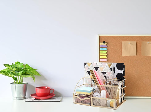 Exerz Golden Desk Organizer, Office Desk Accessories Supplies with Drawer for Pencil and Pen Storage