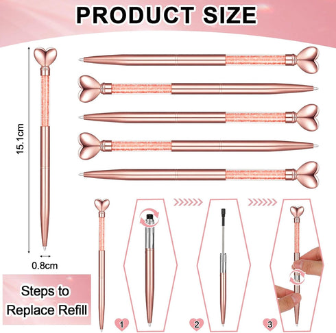 Jetec 50 Pcs Heart Shaped Ballpoint Pens, Bulk Valentine's Day Gifts, Black Ink, Rose Gold Diamond Crystal