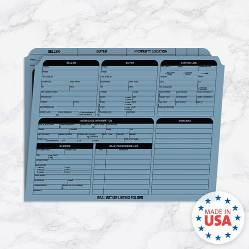 Blue Real Estate Folders, 25 Preprinted Property Listing Folders, 9 5/8" x 11 3/4" Seller Buyer Checklist
