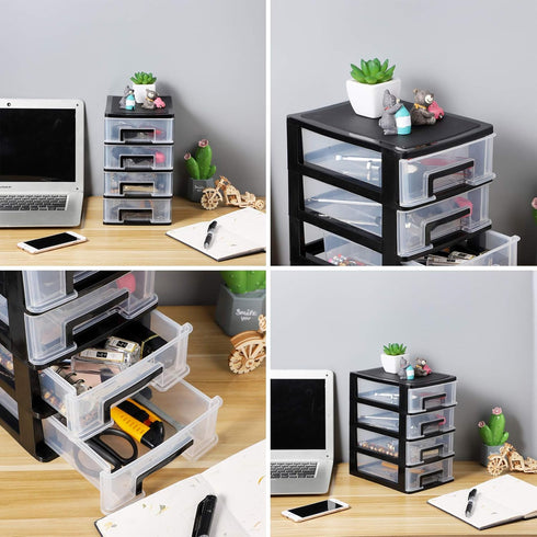 SEWACC Plastic Drawers, 4-Layer Small Drawer Organizer, Desktop Organizer with Transparent Drawers, Office Supplies