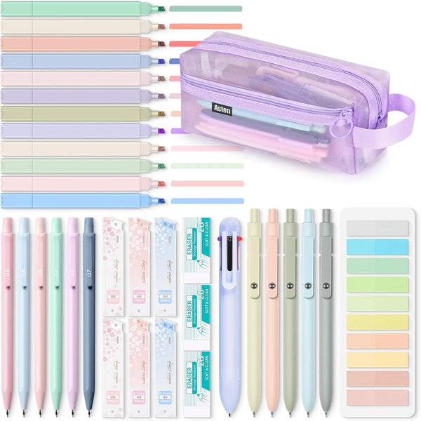 Clear Pencil Case with 12 Colors Highlighter, 5 Quick Dry Retractable Black Ink Pens, 6 Mechanical Pencils, 6-in-1