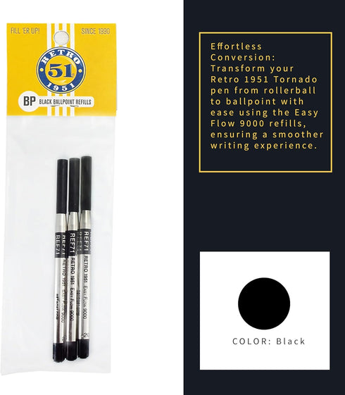 Retro 51 9000 Easy Flow Ballpoint Refills, Black Ink, 3-Pack – German Engineered for Tornado Pens, Smooth Writing