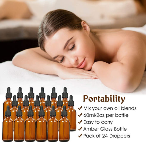 Eternal Moment 2 oz Eye Dropper Bottle, 24 Pack, 60ml Amber Glass Bottles for Essential Oils and Chemicals