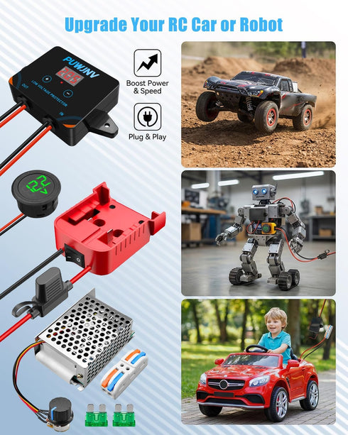 PUWJNV Power Wheel Battery Adapter Conversion Kit with Voltage Regulator Low Voltage Protector Fuse and Wire Terminals