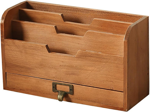 Wooden Desktop Organizer Rack with Drawer for Storing Stamps, Notes, Paper Clips, Scissors