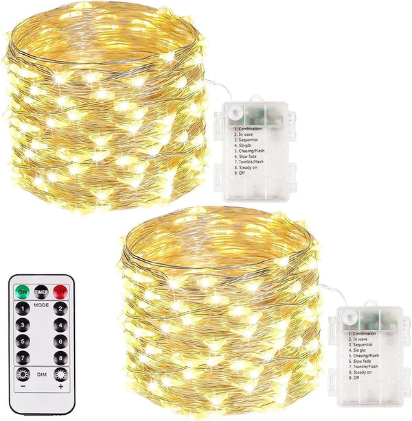 2 Pack 50 LED Fairy Lights Battery Operated with Remote, 16FT Waterproof