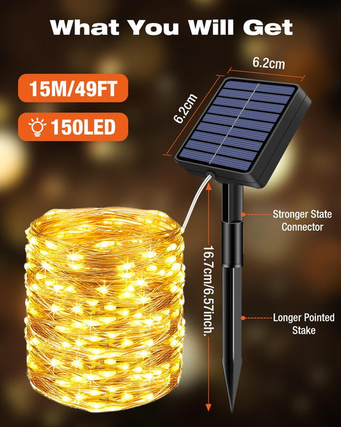 bitjam 1 Pack 49FT/15M 150LED 8 Solar Fairy Lights for Outside Waterproof, Solar String Lights Outdoor Modes Solar