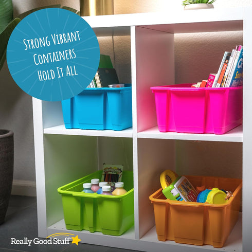 Really Good Stuff Stacking Bins, 14" x 10" x 5 ¾" - 4 Pack, Neon Stackable Storage Bins