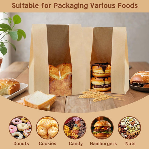 45 Pack 14x8.3x3.5in 45 Large Bread Bags for Homemade Bread, Kraft Paper Bakery Bread Bags with Clear Window and Tin