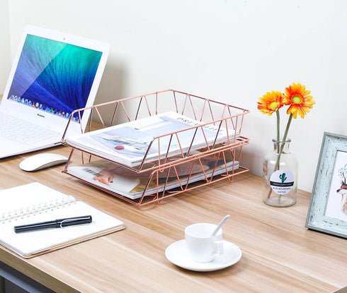 PAG Set of 2 Metal Stackable File Document Letter Tray Organizer for Desk, Rose Gold Office Supplies