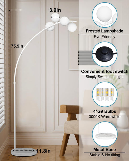 4 Office(Bulbs Lightdot White Arc Floor Lamp for Living Room, Globe Floor Lamp with Shatterproof Shade& Mable Base, Mid