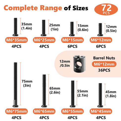 Kalote 72PCS Set Set (M6*12mm/15mm/25mm/35mm/45mm/55mm/65mm/75mm) Crib Screws Hardware Replacement Kit, Baby Bed Frame
