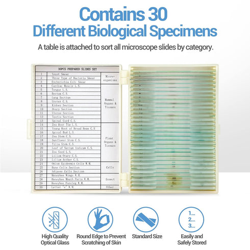 30 Microscope Slides with Specimens for Kids, Prepared Slides for Microbiology, Biology Gifts for Adults