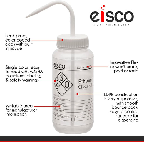 EISCO 2PK Wash Bottles for Ethanol, 500ml - Labeled with Chemical Information & Safety Information (1 Color) - Wide Mouth, Self Venting, Low Density Polyethylene - Performance Plastics Labs by EISCO