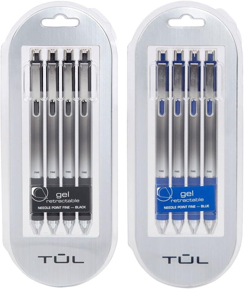 TUL Retractable Gel Pens Bundle - 0.5mm Fine Needle Point, Black/Blue (2 4-packs)