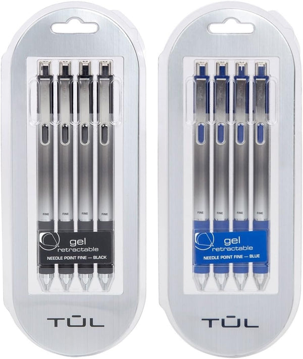 TUL Retractable Gel Pens Bundle - 0.5mm Fine Needle Point, Black/Blue (2 4-packs)