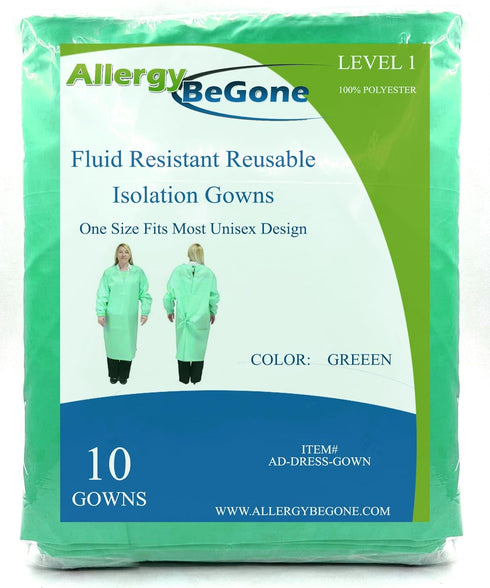 Reusable Isolation Gowns - Fluid Resistant Polyester, 10-Pack, Protective Washable PPE for Medical Facilities, Green