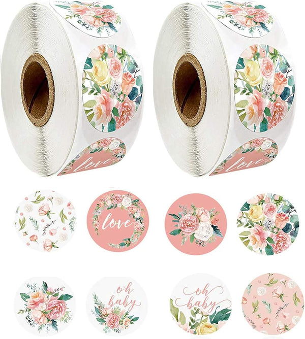 Floral Stickers - 1'' 25mm Adhesive Labels, 1000pcs Decorative Envelope Seal Stickers for Gifts
