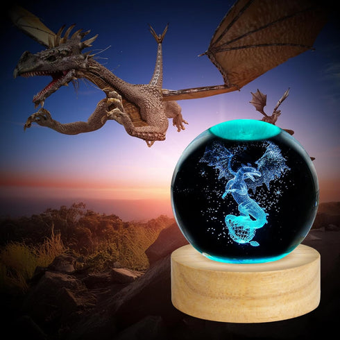 Vuebkkry 3D 16 60mm Dragon Crystal Ball Night Light with Colors, Cool Dragon Statue Figurines Glass Decor Lamp