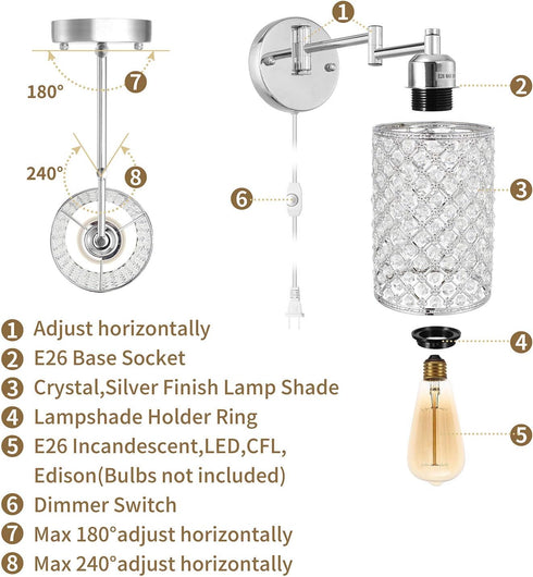 Merlight 1-Light Dimmable E26 67.59 inch Wall Lamp Modern Style Metal Round lampshade Decorative Crystal Base Wall