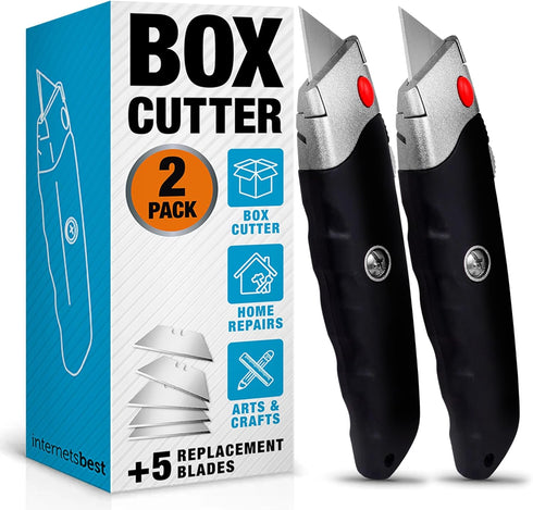 INTERNET'S BEST Premium Utility Knife Set, Retractable Box Cutter with Rubber Handle, Includes 2 Razor Knives
