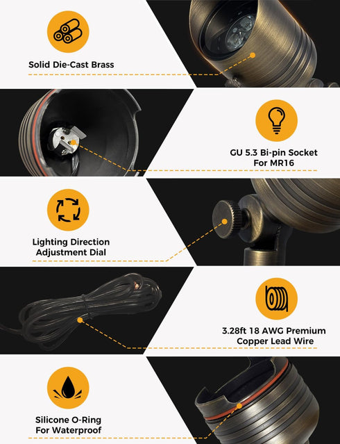 12V 5W 2700K MR16 Bulb, IP65 (1) COLOER Brass Outdoor Spotlights, LED Low Voltage Landscape Lighting with Aluminum