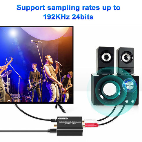 192kHz 3.5mm Digital to Analog Audio Converter, DAC Digital Coaxial and Optical Toslink to Analog Jack Adapter and RCA