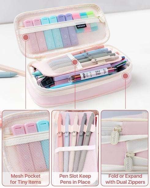 Four Candies 56 PCS Aesthetic School Supplies, Large Pencil Case, 6 Colored Ballpoint Pens, 12 Pastel Highlighters, Pink
