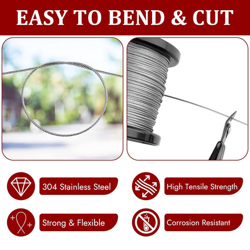 Hoiny 328FT 1/16" 304 100Pcs 7x7 300lbs Wire Rope Kit, Stainless Steel Cable with Crimping Sleeves, Strand Heavy Duty