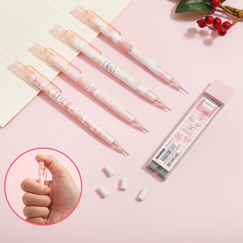 Pink Peach Mechanical Pencil Set, 4pcs Cute Mechanical Pencils with 0.5MM Refills & Top Erasers for School Supplies