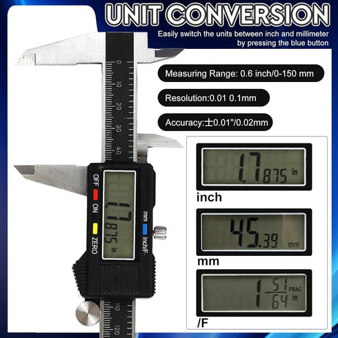 Digital Caliper Measuring Tool, Large LCD Screen, Easy Switch Inch/MM/Fraction, 6inch/150mm & 8inch/200mm