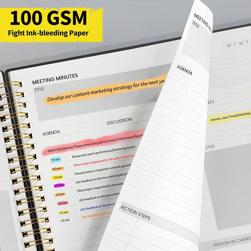 SUNEE Meeting Notebook with Sticky Tabs, 160 Pages B5 Project Planner for Office & Business
