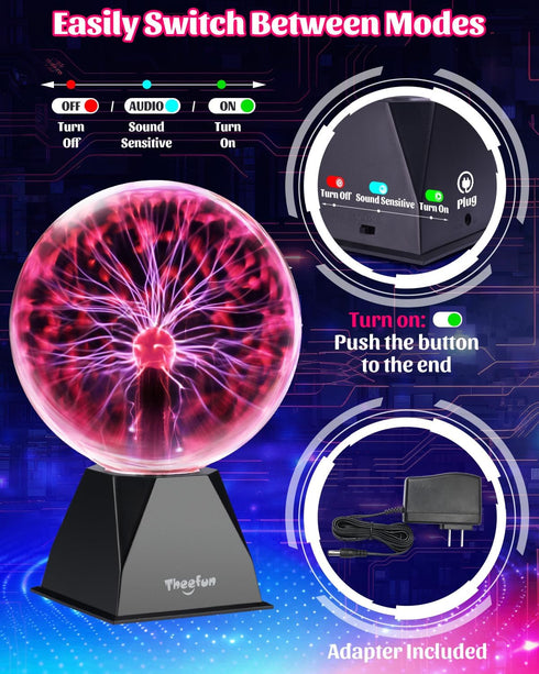 8 Inch Theefun Plasma Ball: Huge Plasma Globe Birthday Gifts Touch & Sound Sensitive Ball Lamp Electric Lightning